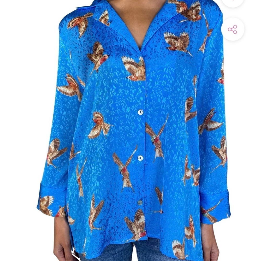 Zara Blue Bird Print longline Blouse or Pajama Style Tunic Size XS